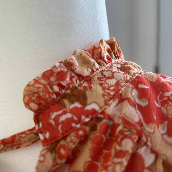 Rachel Zoe Orange Chiffon Floral Metallic Flutter Blouse with Smocked Hem – US M - Picture 7 of 8